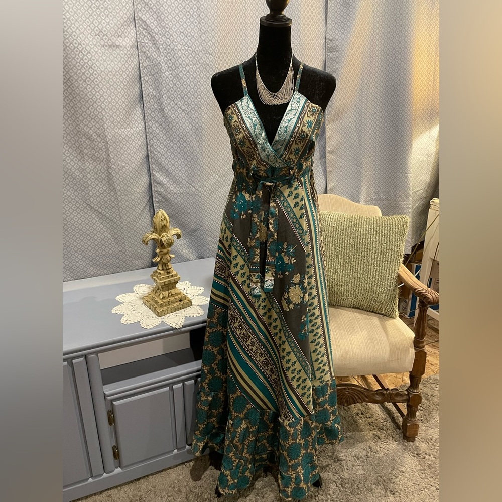 Moda Ibizaa Boho Halter Maxi Dress, backless silk dress, tie front.